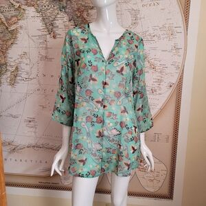 19 Cooper green sheer tunic floral v-neck 3/4 tab sleeves fairy girl coquette M
